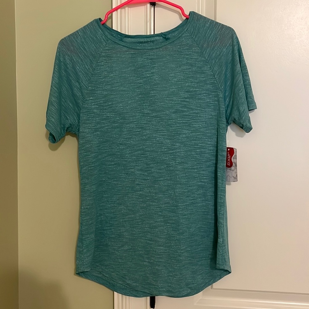 blue green heather t-shirt with open back